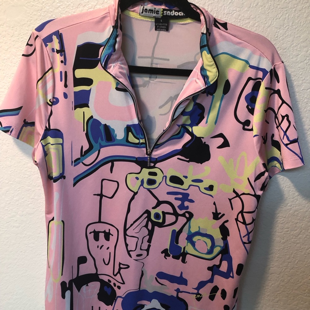 jamie sadock Multicolor Abstract Golf Polo — Pink with Blue & Lime Accents